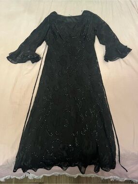 Valerie Stevens Black Beaded Whimsigoth Long Sleeve Midi Dress